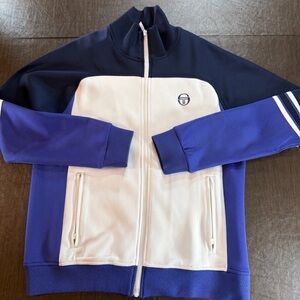 Sergio Tacchini Cervinia  Men's Maritime Blue and White Zip-Up Track Jacket Sz S